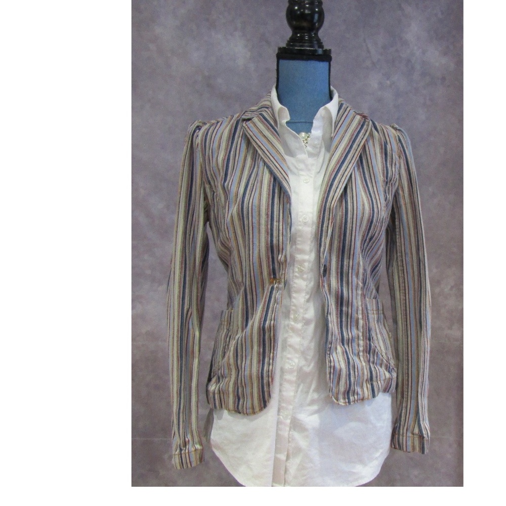 Express Jeans Denim Blazer Blue Red Striped 3 / 4